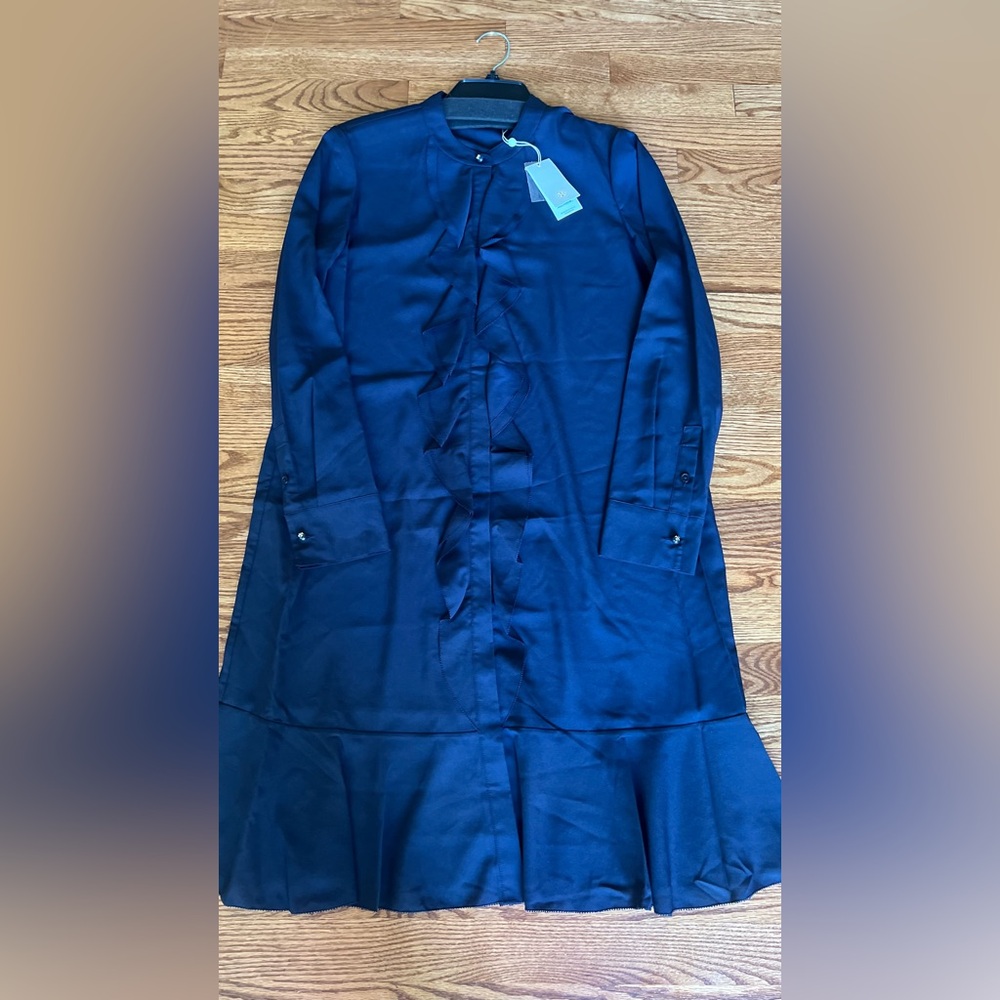 $425 TORY BURCH Ruffle Front Long Sleeve Jane Dress in Medium Navy Size 12